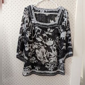 🖤 I.C.E Blouse black gray loose sheer flowing fabric office shirt top Women 10